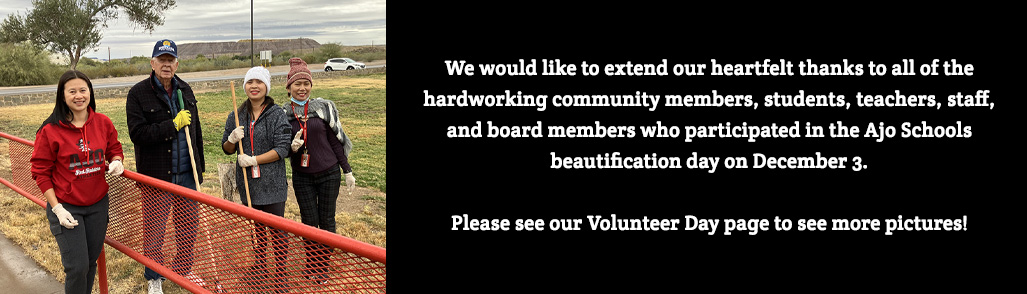 We would like to extend our heartfelt thanks to all of the hardworking community members, students, teachers, staff, and board members who participated in the Ajo Schools Beautification Day, December 3rd.  Please see our Volunteer Day page to see mo